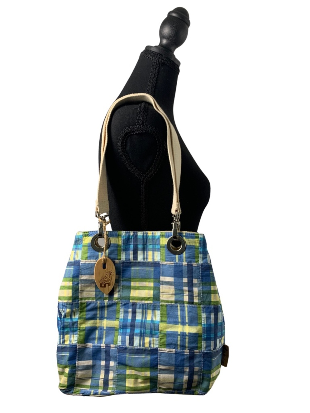 Caribbean Joe Blue Green Madras Patchwork Plaid Shoulder Bag Vacation Travel